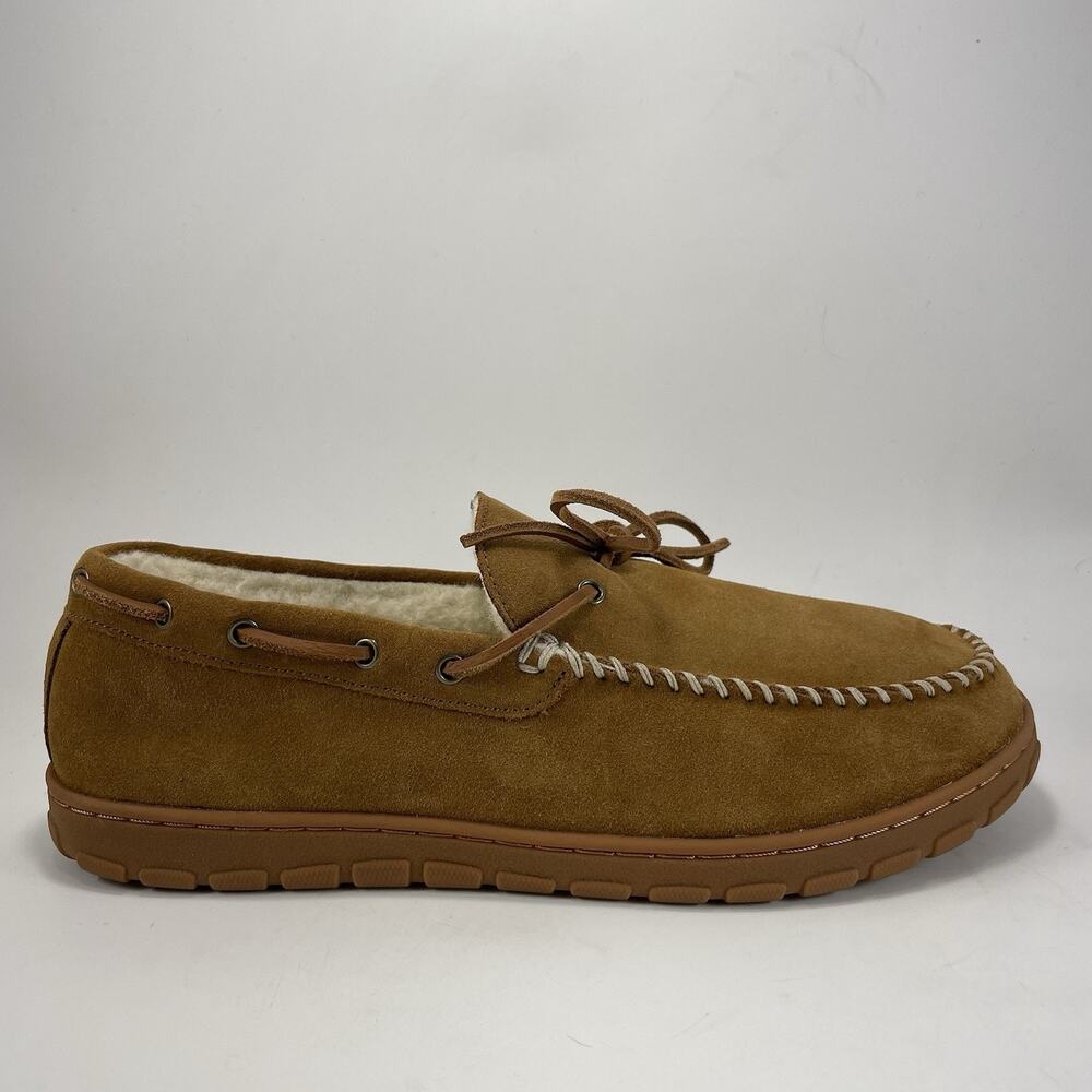 Eddie Bauer Shearling-Lined Moccasin Slippers Mens Size 12 Tan Chestnut Suede